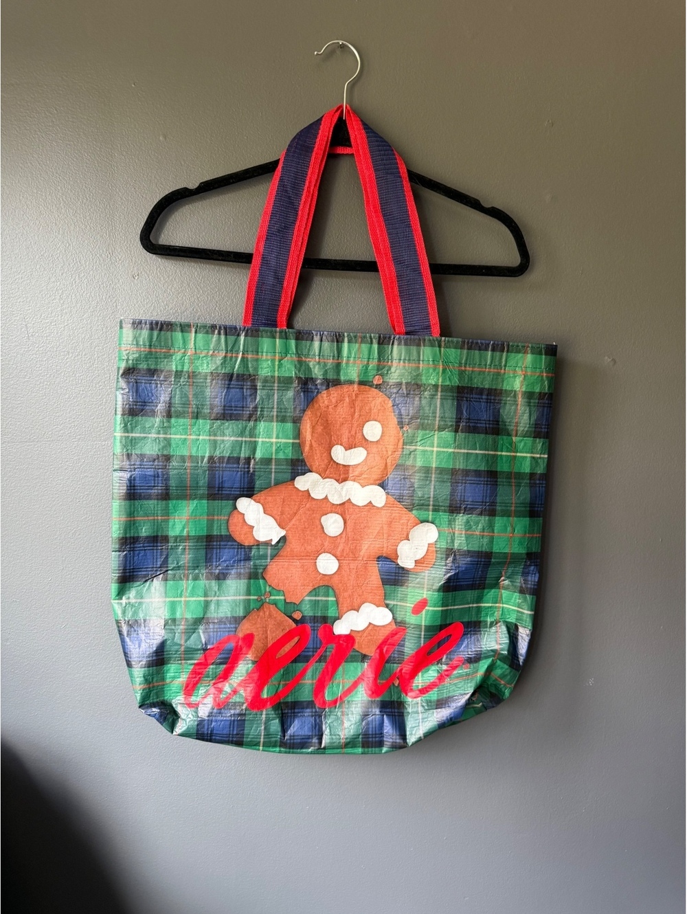 Aerie Holiday Gingerbread Tote Bag with Red and Navy Handles
